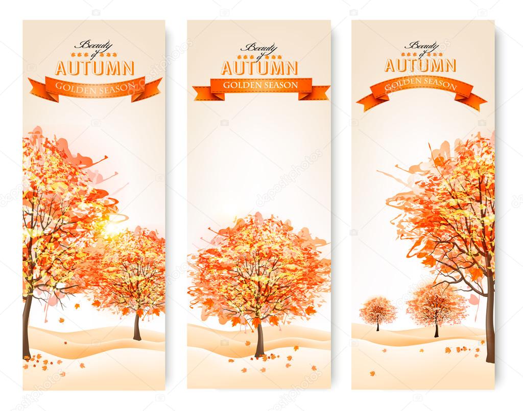 Three autumn abstract banners with colorful leaves and trees. Ve