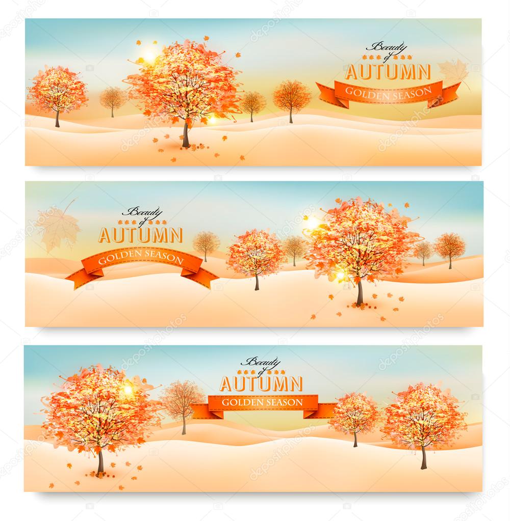 Three autumn abstract banners with colorful leaves and trees. Ve