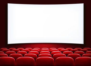 Rows of red cinema or theater seats in front of white blank scre clipart