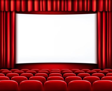beyaz boş scre önünde kırmızı sinema ya da tiyatro oturma sıraları