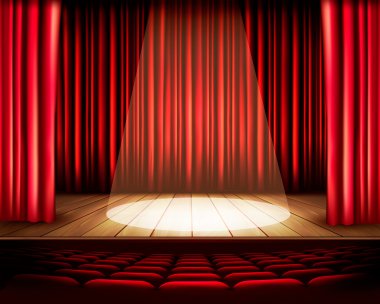 Театр сцені з червоний завісу, місць і світло. vecto