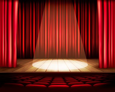 A theater stage with a red curtain, seats and a spotlight. Vecto clipart