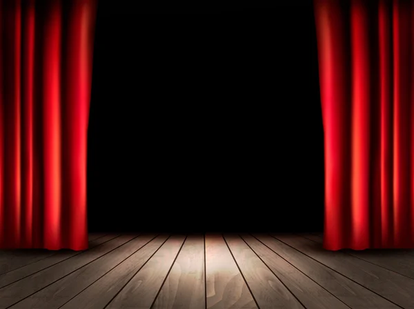 Palco de teatro com piso de madeira e cortinas vermelhas. Vetor . — Vetor de Stock
