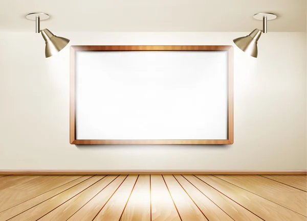 Salle d'exposition avec plancher en bois, tableau blanc et deux lumières. Vecteur . — Image vectorielle