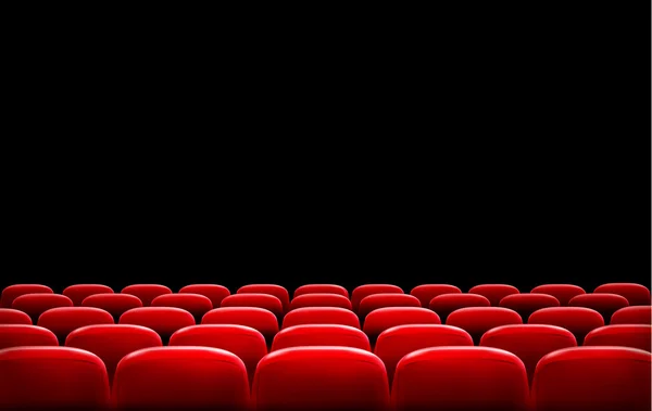 Rows of red cinema or theater seats in front of black screen wit — Stock Vector