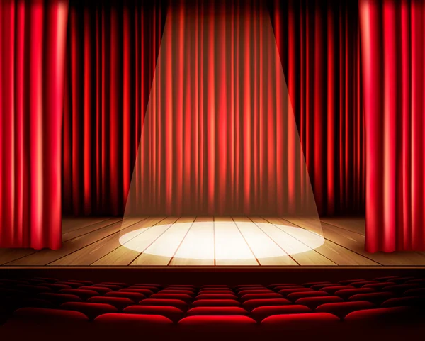 Un escenario de teatro con una cortina roja, asientos y un foco. Vecto. — Vector de stock