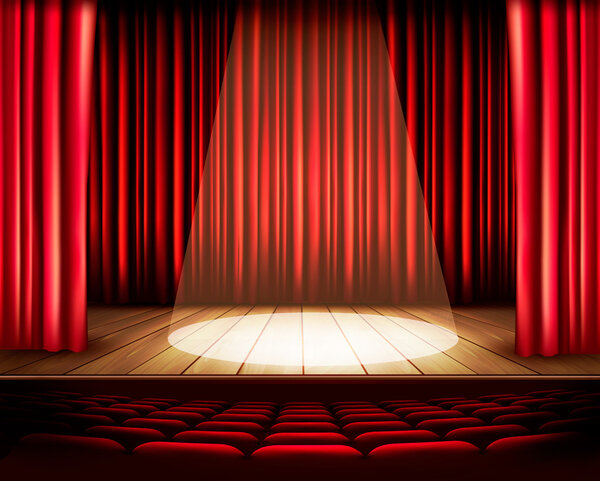 Театральная сцена с красным занавесом, сиденьями и прожектором. Векто
