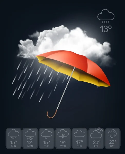 Modello di previsioni del tempo. Un ombrello sullo sfondo piovoso. Vect — Vettoriale Stock
