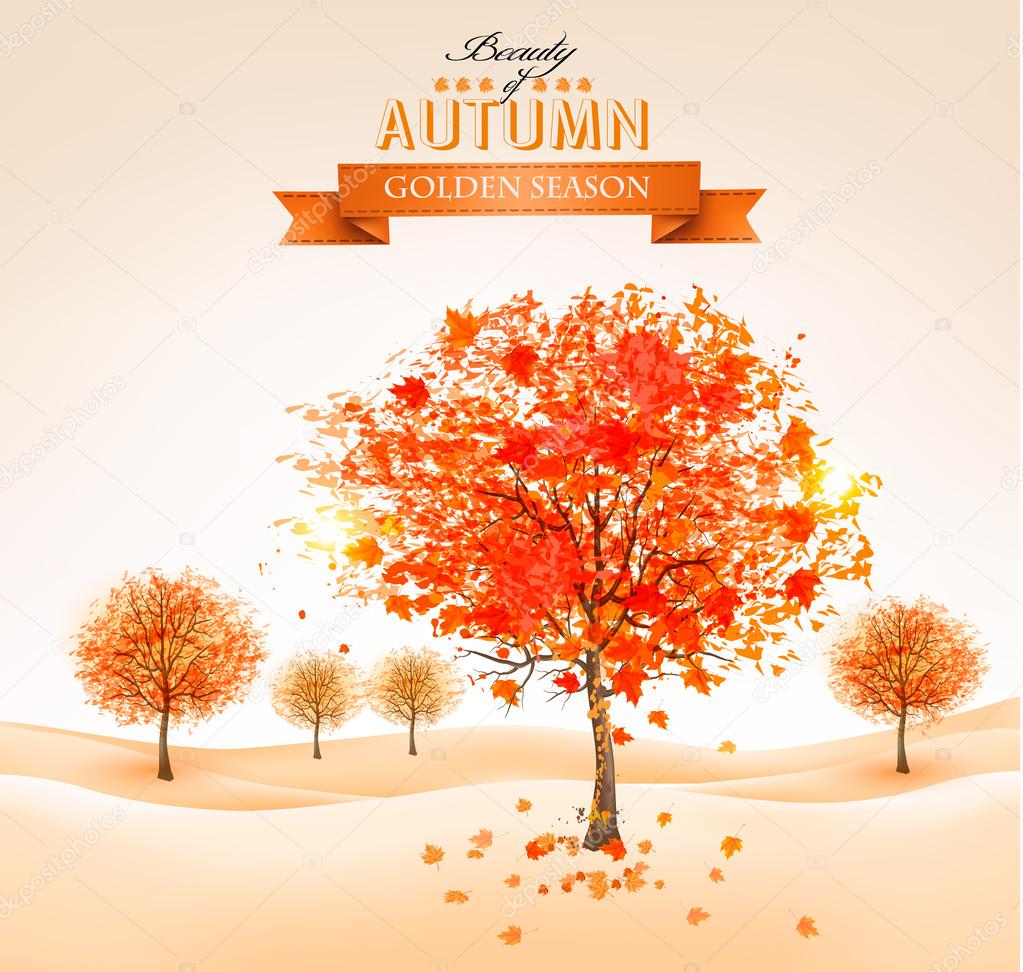 Autumn background with colorful leaves and trees. Vector illustr