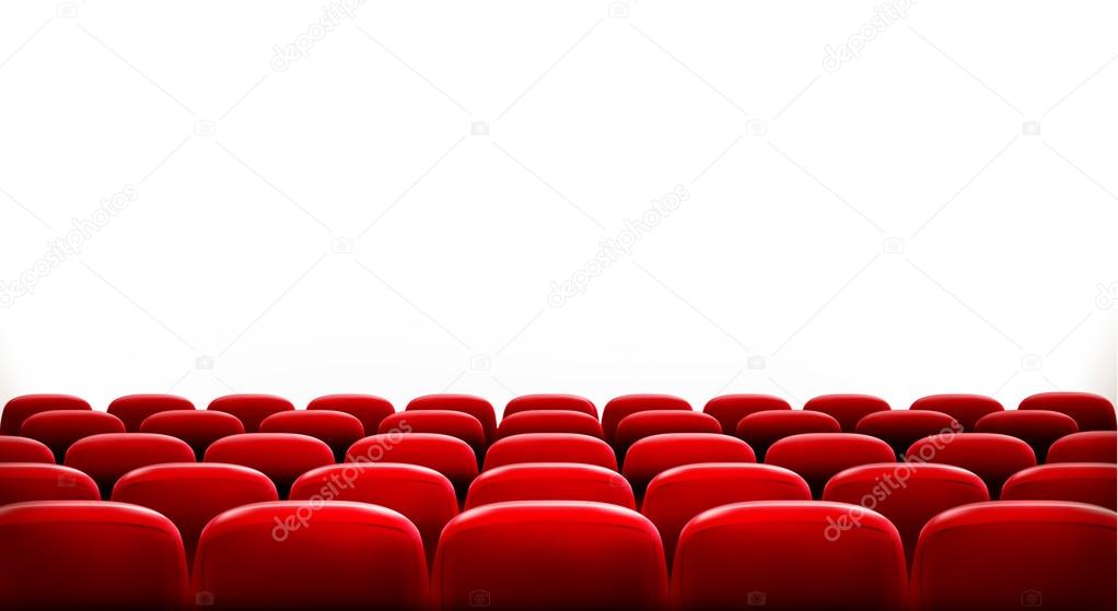 Rows of red cinema or theater seats in front of white blank scre