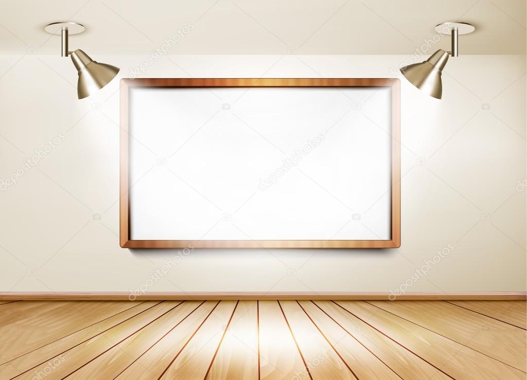 Showroom with wooden floor, white board and two lights. Vector.