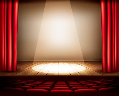 A theater stage with a red curtain, seats and a spotlight. Vecto clipart