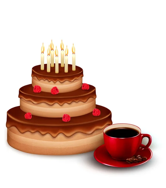 초콜릿 생일 케이크와 커피 한 잔 배경. vec — 스톡 벡터