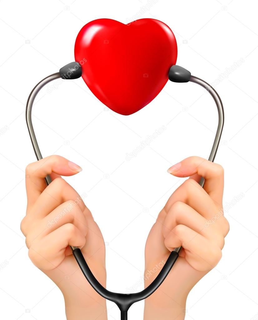 Medical background with hands holding a stethoscope with red hea