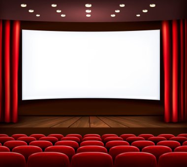 Cinema with white screen, curtain and seats. Vector. clipart