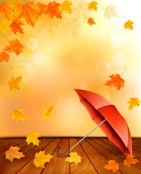 Ретро осінній фон з різнокольоровими листям і парасолькою. Вей — стоковий вектор
