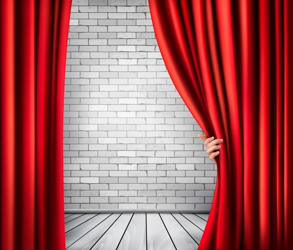 Background with red velvet curtain and hand. Vector. — Stock Vector