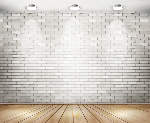Белая кирпичная комната с прожекторами. Вектор
.
