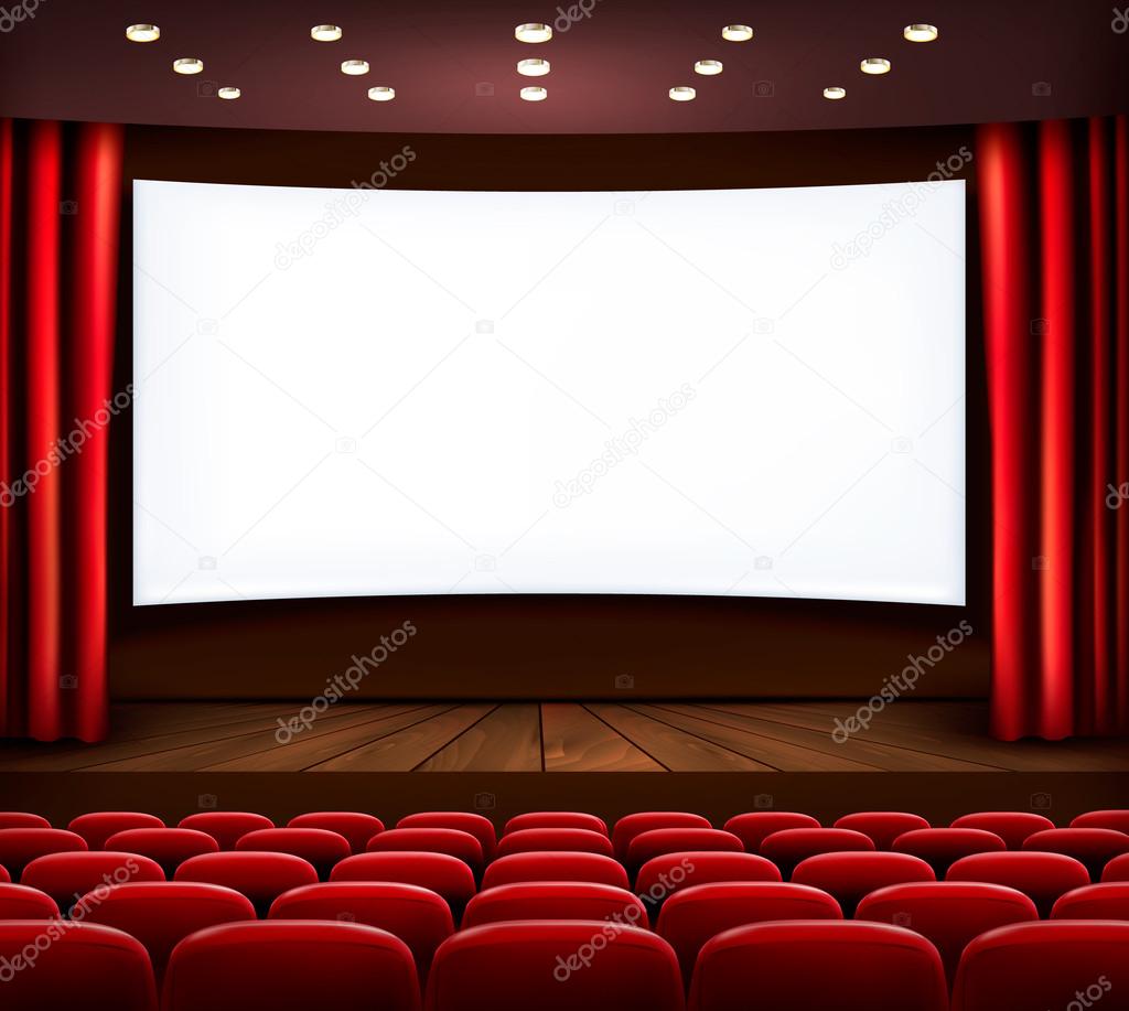 Cinema with white screen, curtain and seats. Vector.