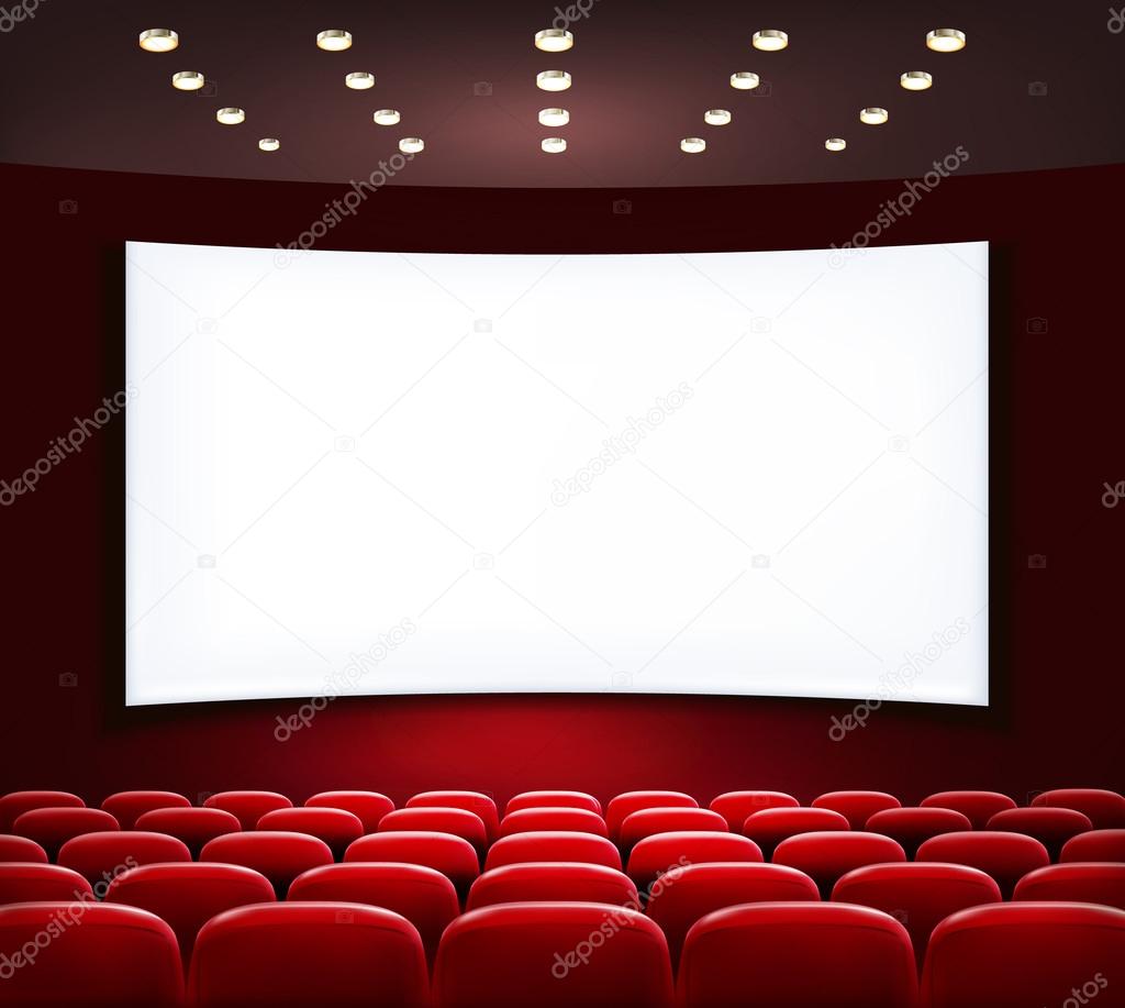 Cinema with white screen and seats. Vector.