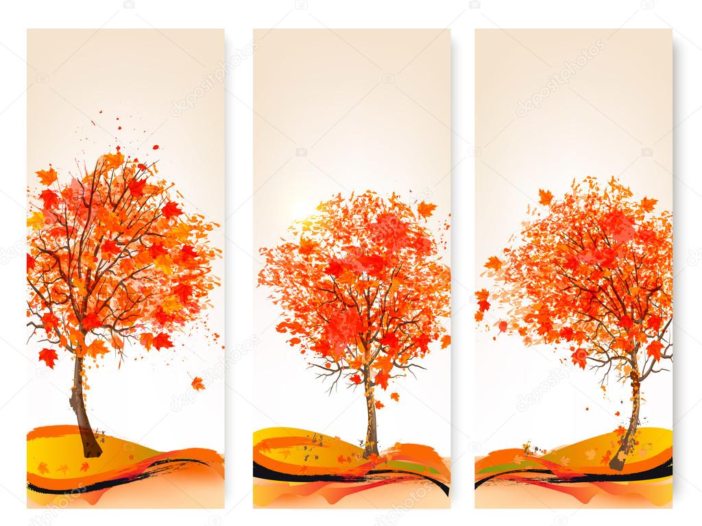 Three autumn abstract banners with colorful leaves and trees.Vec