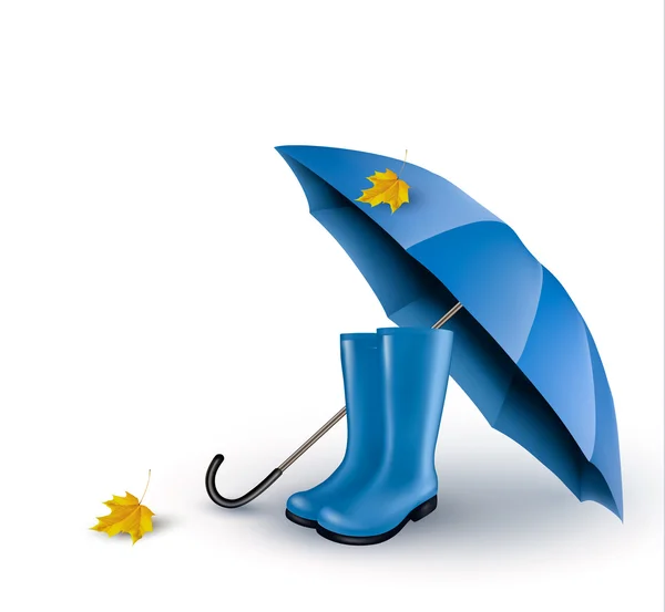 Фон с голубым зонтиком и ботинками дождя. Вектор . — стоковый вектор