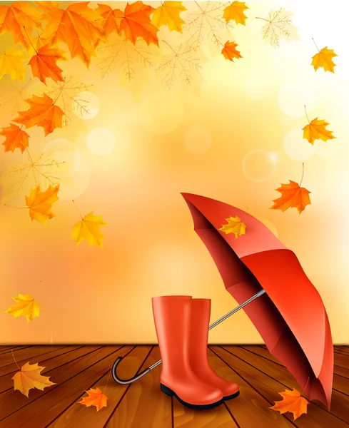 Осенний фон с зонтиком и ботинками дождя. Вектор . — стоковый вектор