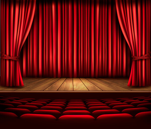 A theater stage with a red curtain, seats and a spotlight. Vecto