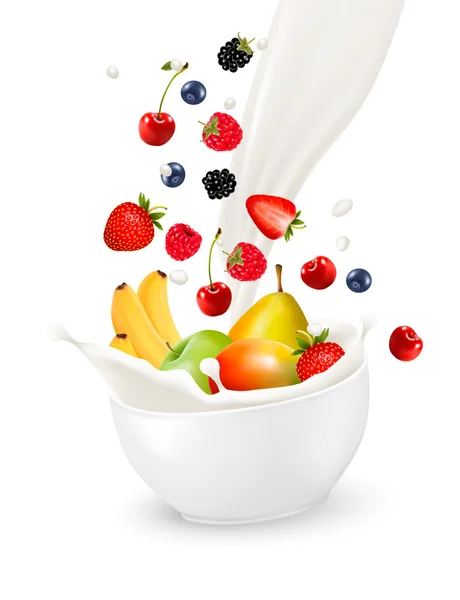 Bowl of healthy fruit and splash milk. Vector illustration. — Stock Vector