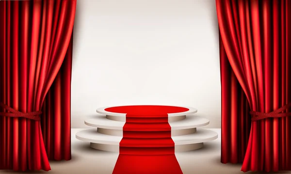 Background with curtains and red carpet leading to a podium. Vec — Stock Vector