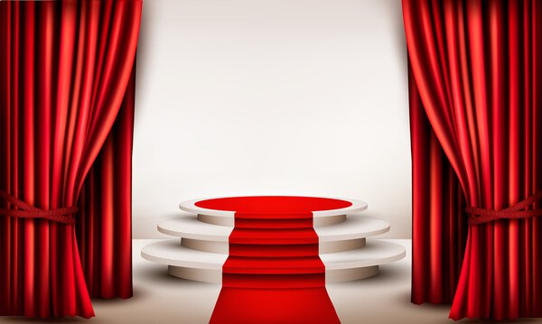 Background with curtains and red carpet leading to a podium. Vec