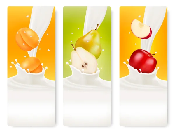 Tres pancartas de frutas y leche. Vector . — Archivo Imágenes Vectoriales