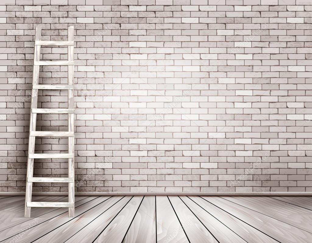Old white brick wall background with wooden ladder. Vector 