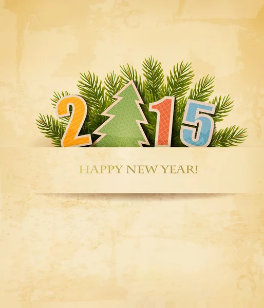 2015, s vánoční strom na staré papírové pozadí. Vektor. — Stockový vektor