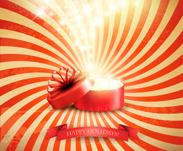 Retro Christmas holiday background with open gift box and magic 