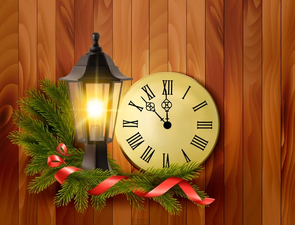 Christmas background with a lantern and a clock. Vector. — Stock Vector