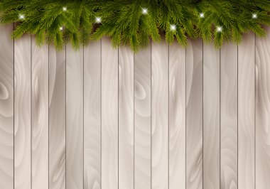 Noel ahşap arka plan şube ve baubles ile. Vektör.