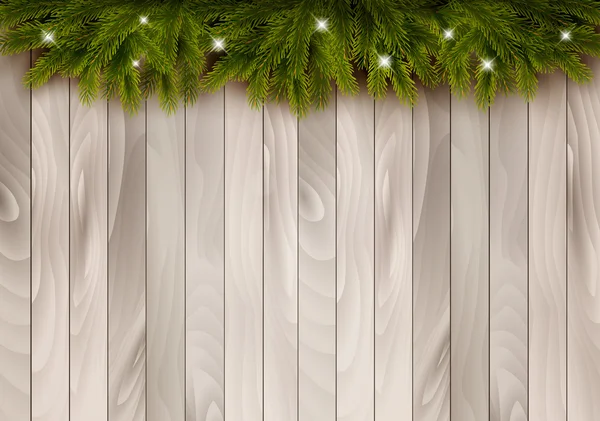 Fondo de madera de Navidad con ramas y adornos. Vector . — Vector de stock