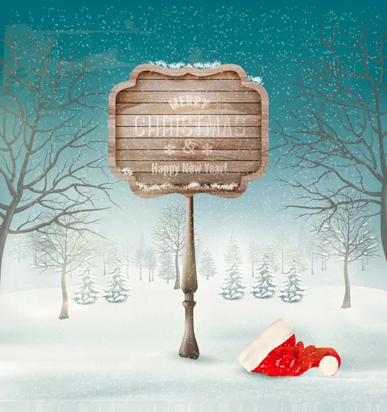 Winter christmas landscape with a wooden ornate sign and a santa — Stock Vector