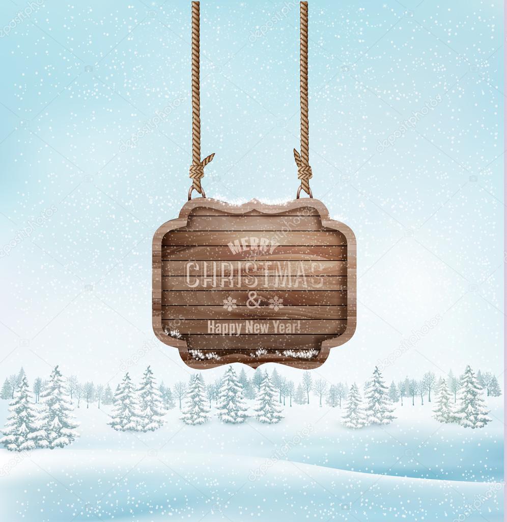 Winter landscape with a wooden ornate Merry christmas sign. Vect