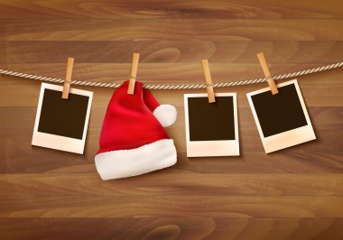 Arka plan fotoğraf ve Noel Baba şapkası ile. Vektör.