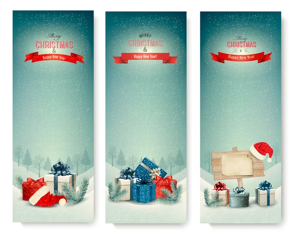 Three Christmas banners with presents. Vector. — Stock Vector