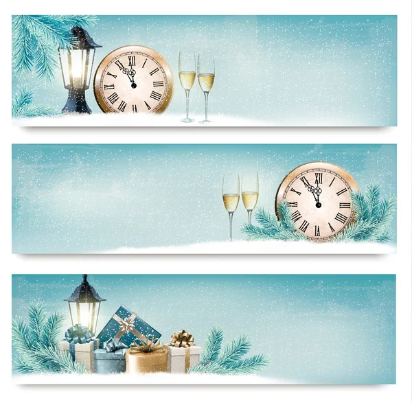 Üç Noel, yeni yıl afiş ile hediye kutuları, fenerler ve 