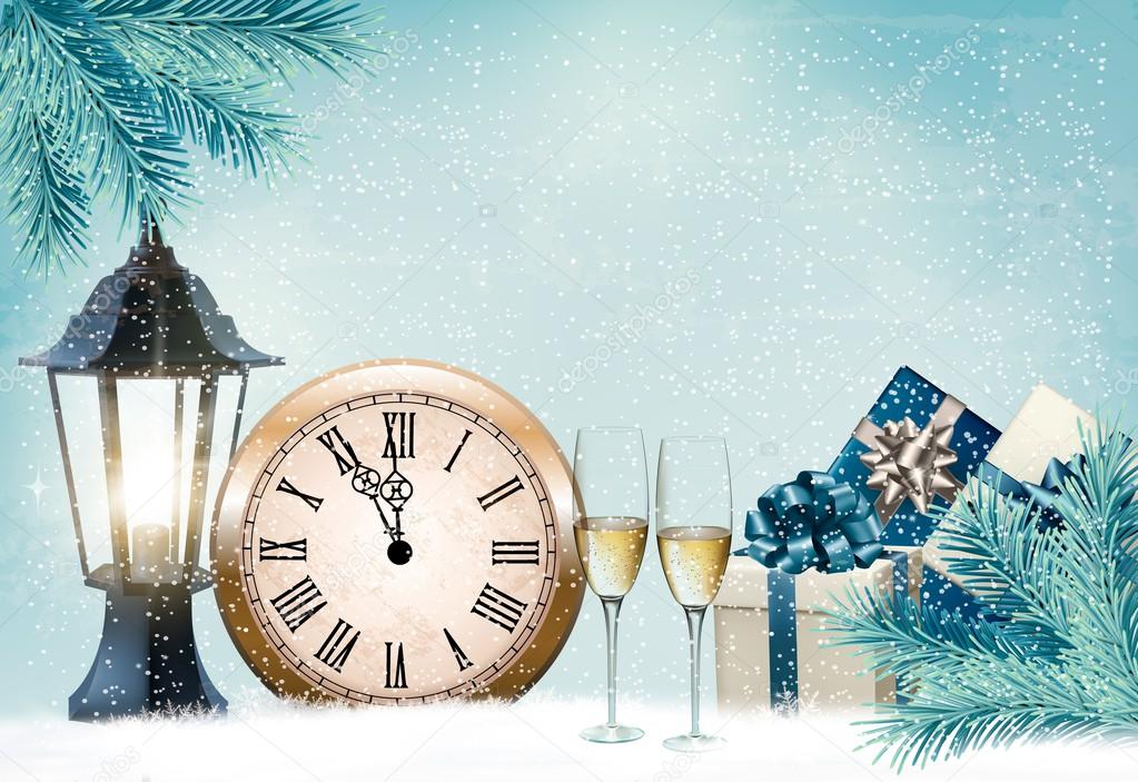 Holiday retro background with champagne glasses and clock . Happy New Year. Vector illustration