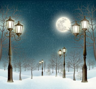 Christmas evening winter landscape with lampposts. Vector. 