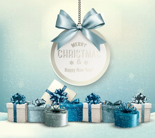 Frohe Weihnachtskarte mit Schleife und Geschenkschachteln. Vektor. — Stockvektor