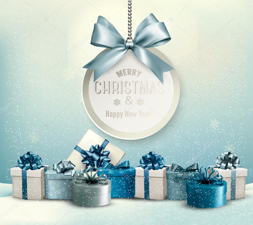 Merry Christmas card with a ribbon and gift boxes. Vector.