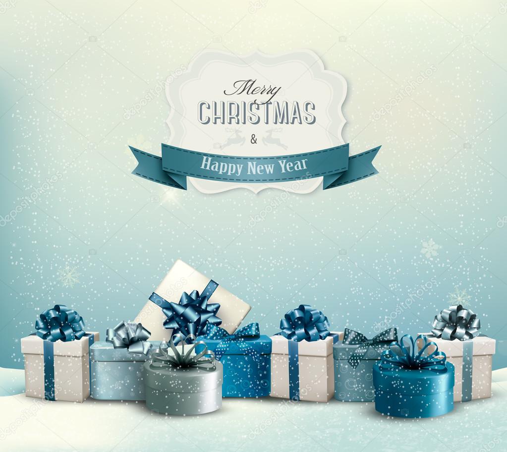 Holiday Christmas background with a border of gift boxes. Vector