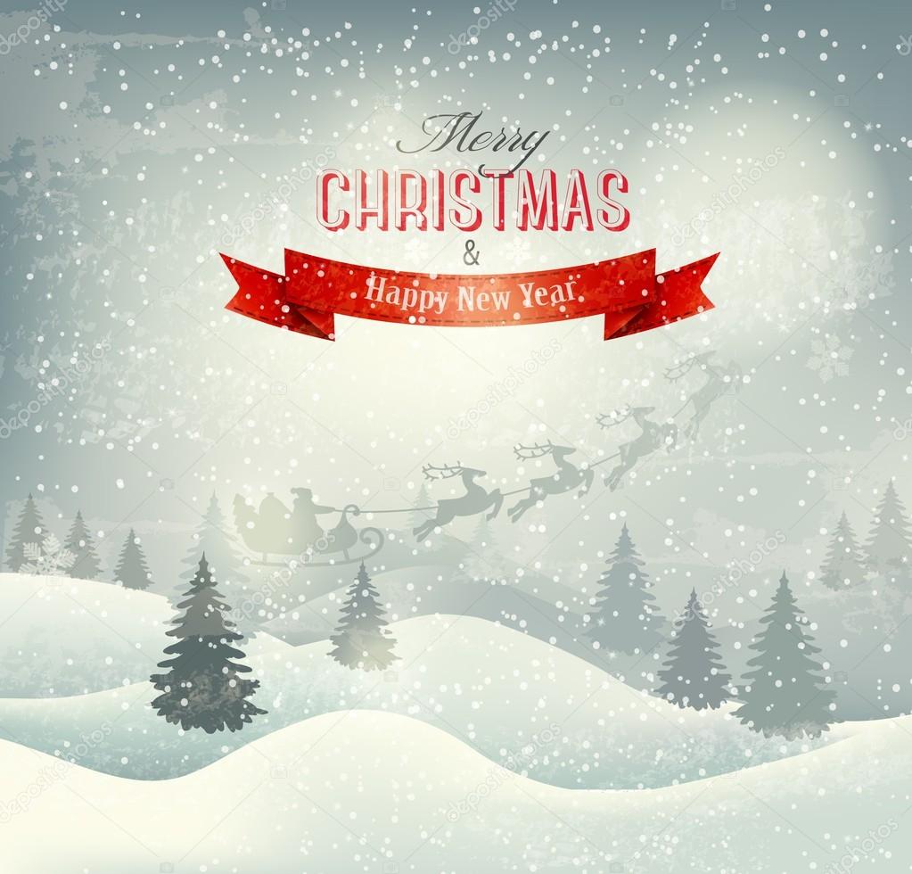 Christmas winter landscape background with santa sleigh. Vector.