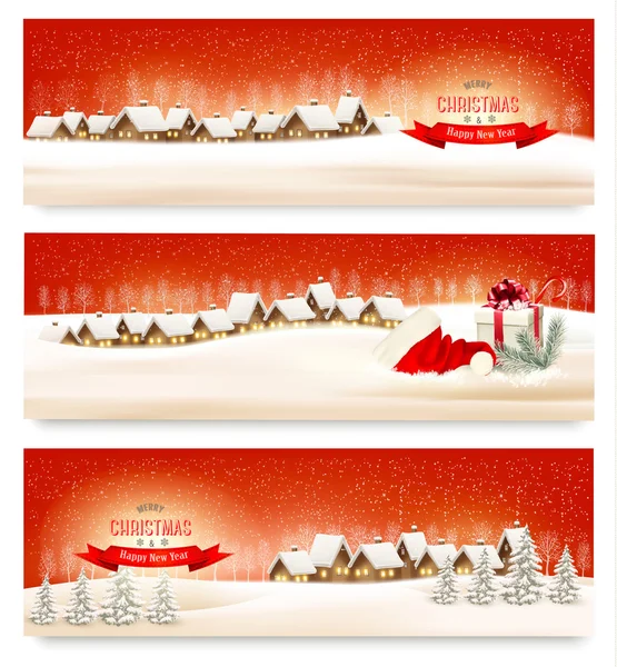 Bannières de Noël avec villages. Vecteur . — Image vectorielle